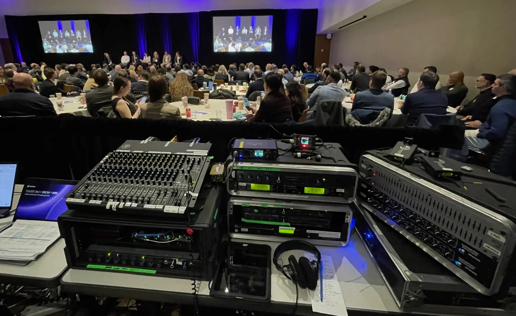 Professional PA system setup for a live event