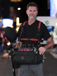NYC Sound Mixer Larry Kaltenbach with location sound equipment working in Times Square